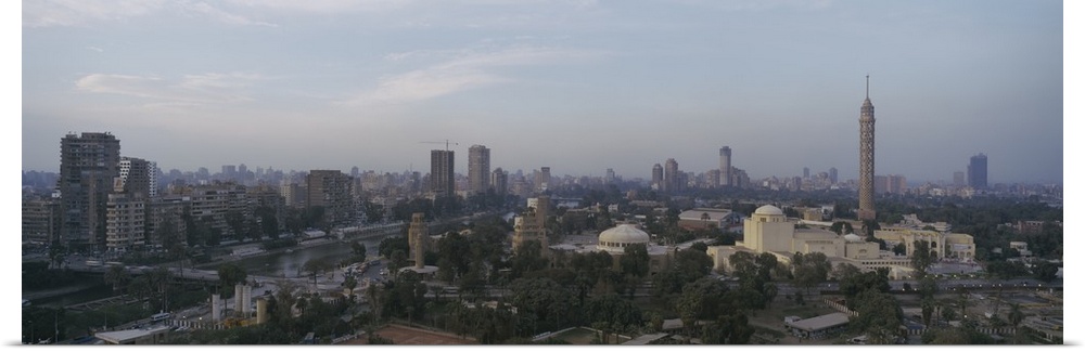Aerial view of a city, Cairo Tower on right, Gezira Island, Cairo, Egypt