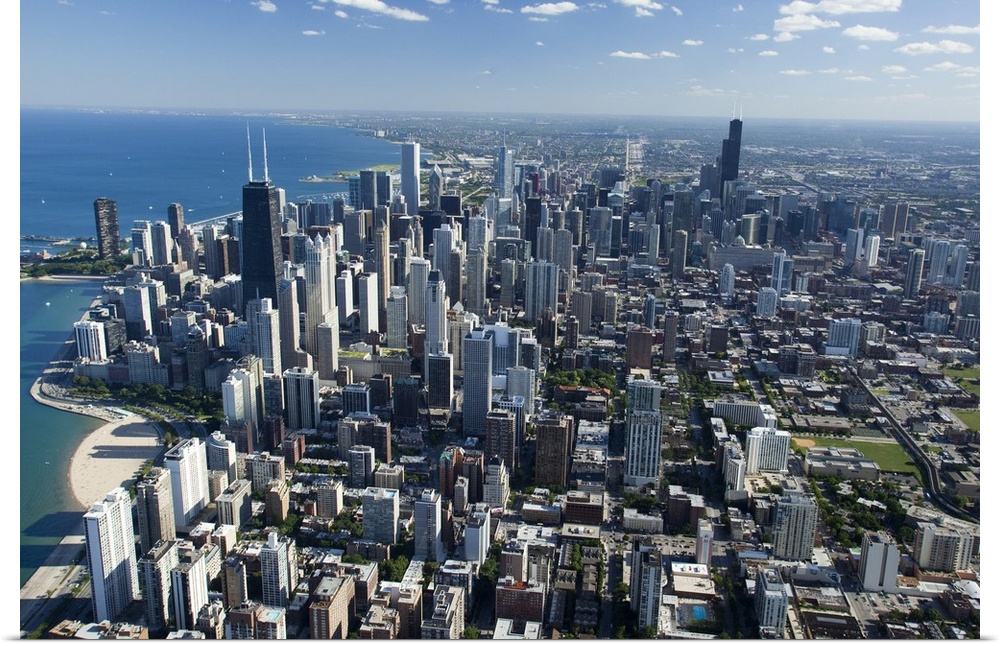 Oversized, landscape, aerial photograph of Chicago, Illinois, along the Lake Michigan shoreline.