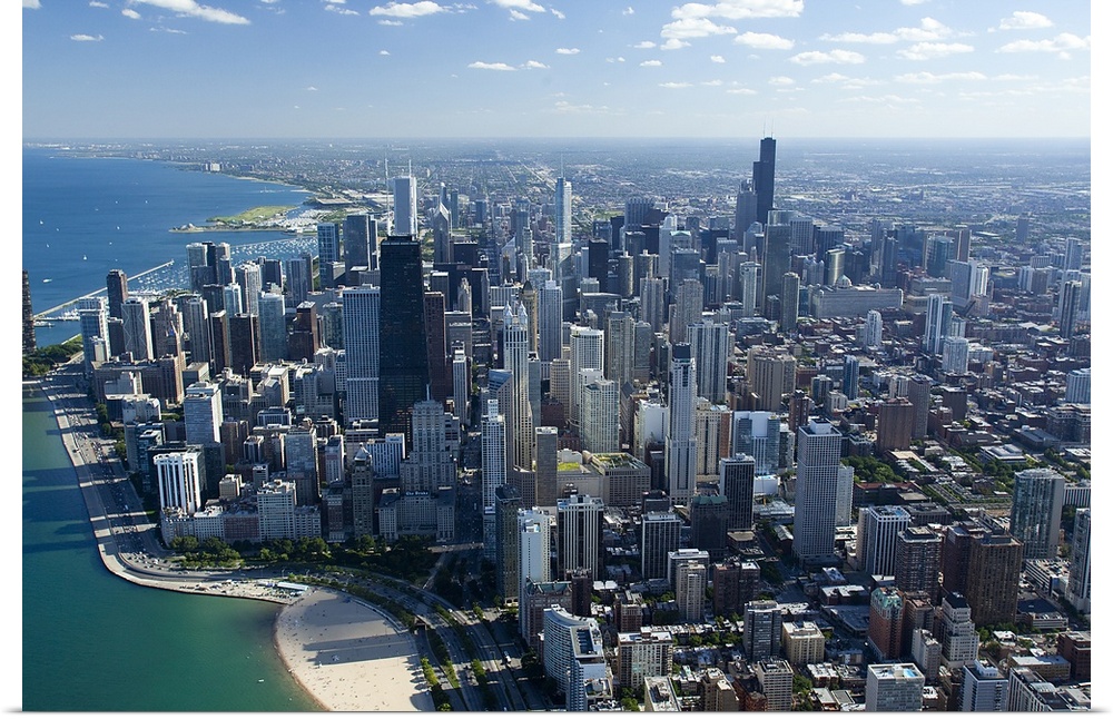 Giant, landscape, aerial photograph along the Lake Michigan shoreline of Chicago, Illinois.
