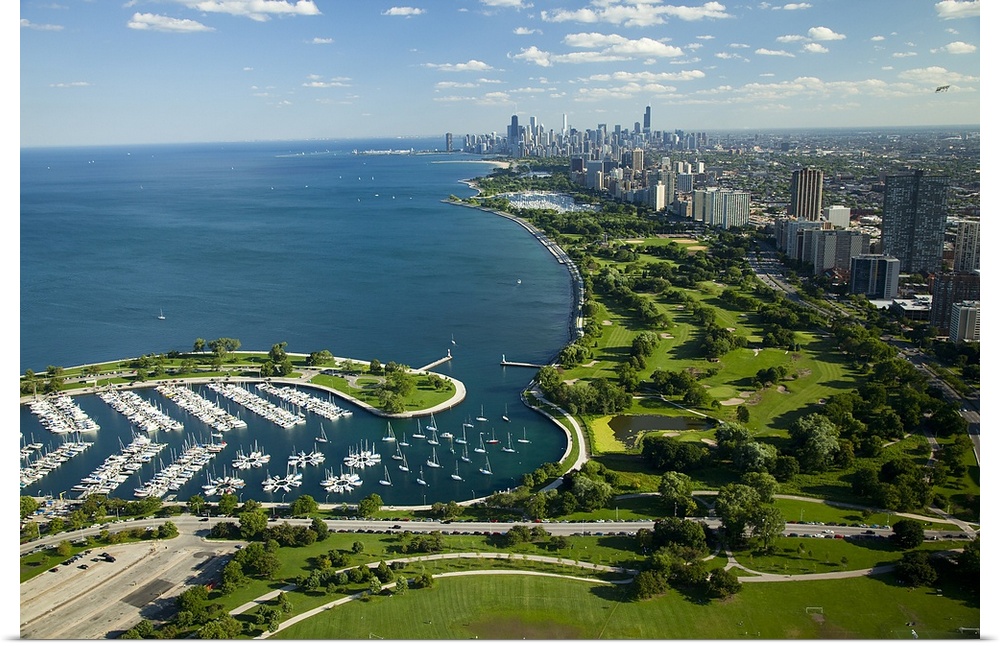 This high angle photograph is taken from a distance of Chicago and most of the lake shown to the left of the city.