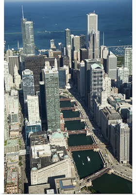 Aerial view of a city with Lake Michigan in the background, Trump Tower, Chicago River, Chicago, Cook County, Illinois