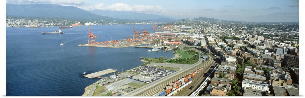 Aerial view of a harbor and buildings in a city, Vancouver, British Columbia, Canada