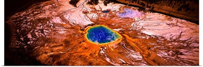 Aerial view of a hot spring, Grand Prismatic Spring, Yellowstone National Park, Wyoming,