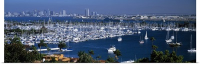 Aerial view of boats moored at a harbor San Diego California
