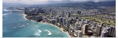Aerial view of buildings at the waterfront, Waikiki Beach, Honolulu, Oahu, Hawaii