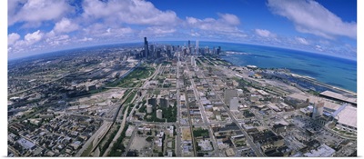 Aerial view of buildings in a city, Lake Michigan, Chicago, Illinois