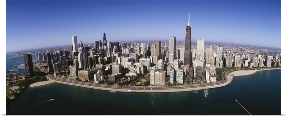 Aerial view of buildings in a city, Lake Michigan, Lake Shore Drive, Chicago, Illinois