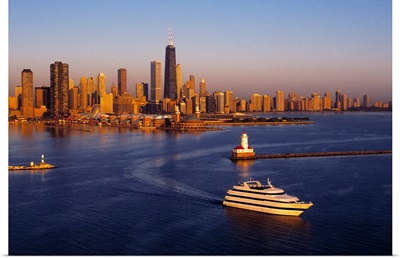 Aerial view of Chicago skyline at sunrise, Chicago, Cook County, Illinois