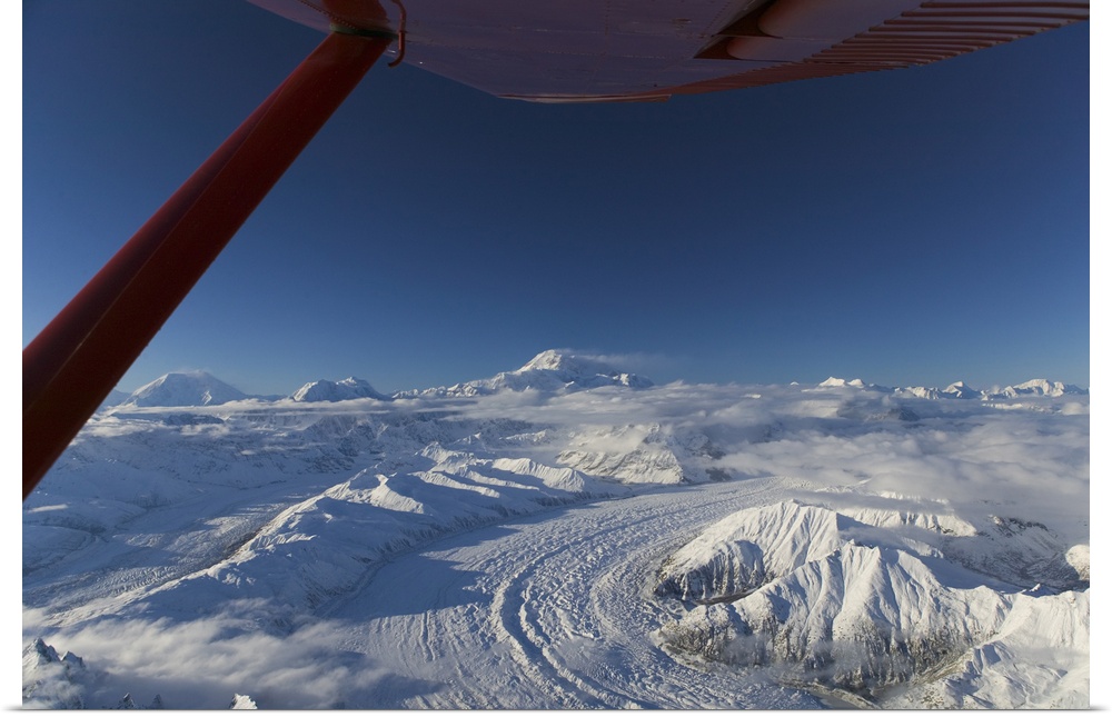 Aerial view of snow covered mountains on a polar landscape, Mt Mckinley, Denali National Park, Alaska