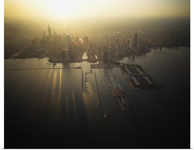 Aerial view of sunrise over a cityscape, Chicago, Illinois