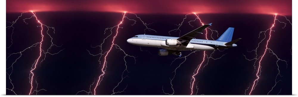 Airplane in flight through a lighting and rain storm