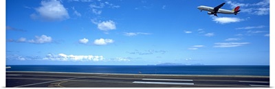 Airplane taking off from a runway, Funchal Airport, Funchal, Madeira, Portugal