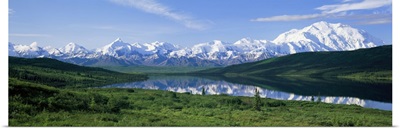 Alaska, Mount McKinley, Wonder Lake, Panoramic view of mountains around a lake