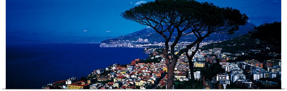 View from above of the city along the shore of the Amalfi coast in Positano, Italy.