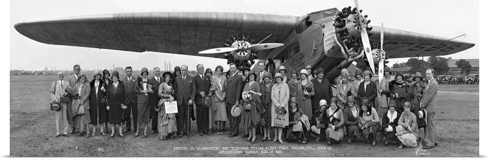 Vintage panoramic image of Amelia Earhart and  plane gathered with supporters in Philadelphia.