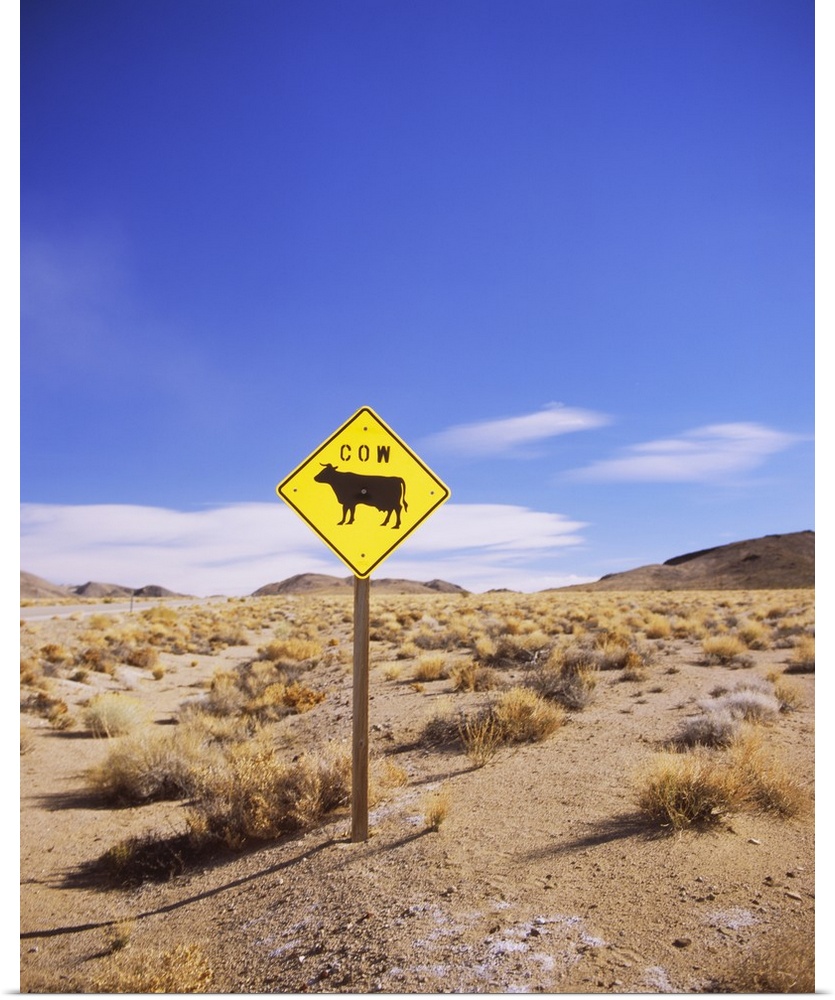 Animal crossing sign at a road side in the desert, Californian Sierra Nevada, California