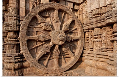 Architectural detail of stone carved chariot wheel in the temple, Sun Temple, India