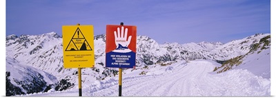 Avalanche Warning signs on a ski slope, Rendl, St. Anton, Austria
