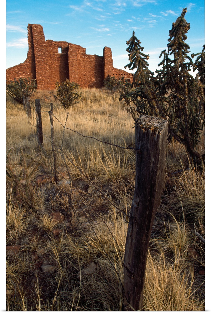 Barbed-wire fence line, hilltop ruins, New Mexico