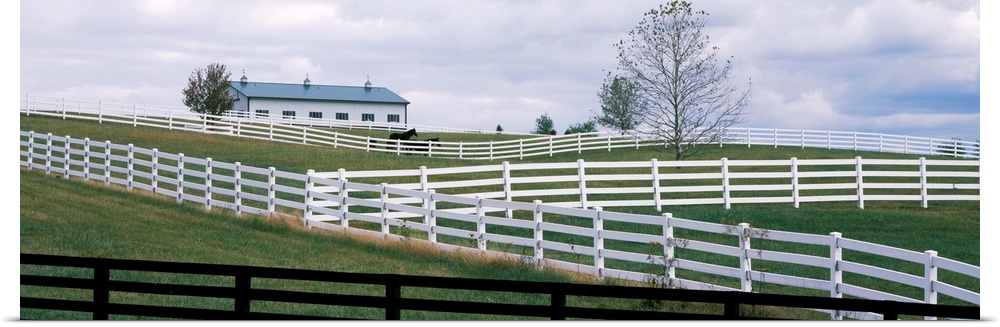 Horse corral fences and barn in Kentucky.	In Lebanon, KY a hillside of white and black fences of horse corrals and horse b...