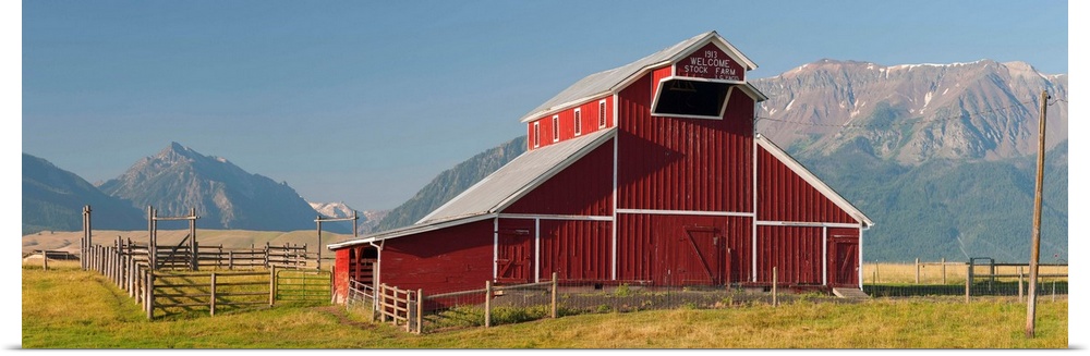 Barn in a field with Wallowa Mountains in background, Enterprise, Oregon