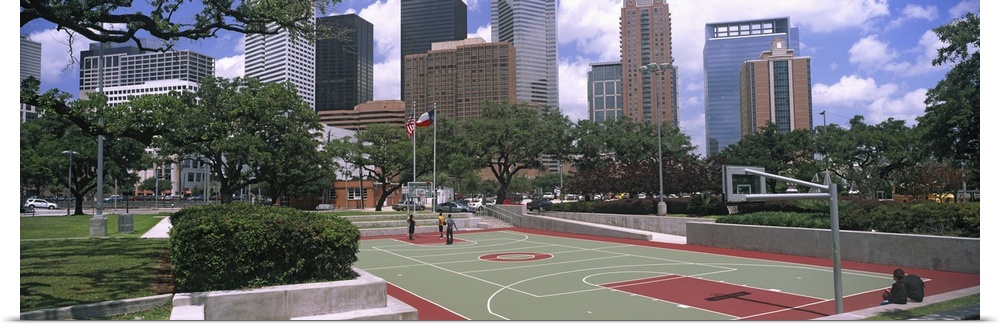 Basketball court with skyscrapers in the background, Houston, Texas, USA 2012