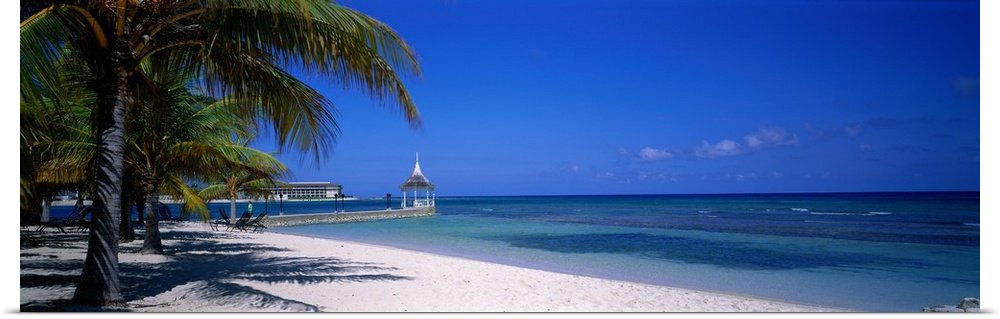 A pier stretches into the tropical ocean next to a white sandy beach and palm trees in the Caribbean.