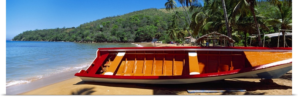 Boat on the beach Colorada Beach Mochima National Park Anzoategui State Sucre State Venezuela