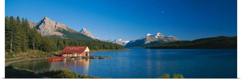 Boathouse on a lake, Maligne Lake, Jasper National Park, Alberta, Canada