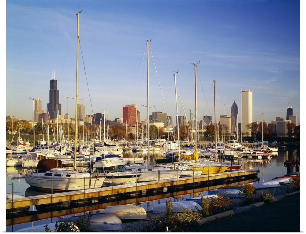This oversize piece is a picture taken of a line of boats docked in the waterfront near Chicago.