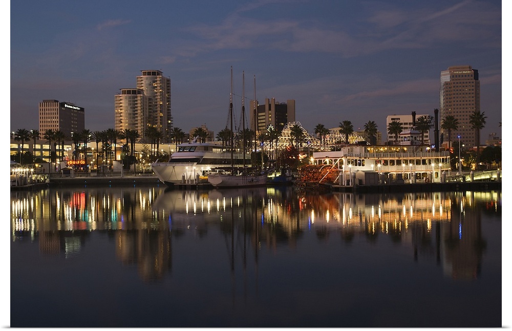 Boats on a marina at dusk, Shoreline Village, Long Beach, Los Angeles County, California, USA