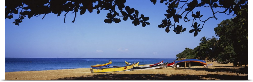 This is a panoramic photograph of boats on the sandy shore and framed with tropical foliage.