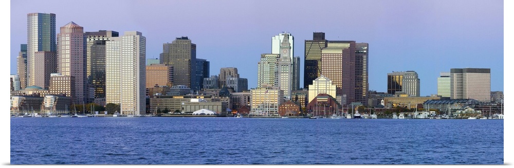 Panoramic of Boston Harbor and the Boston skyline at sunrise as seen from South Boston, Massachusetts, New England