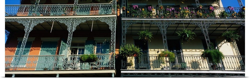 A high-angle panoramic view of Bourbon Street architecture in New Orleans historic French Quarter.