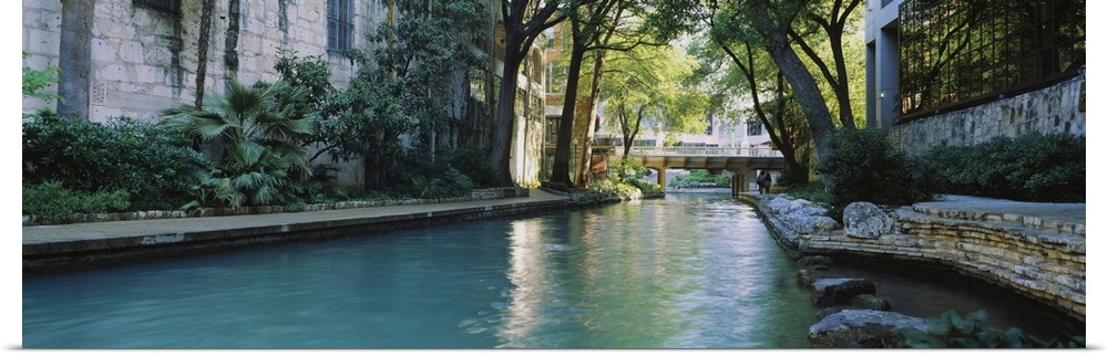 The San Antonio River Walk in panoramic view, located in San Antonio, Texas.