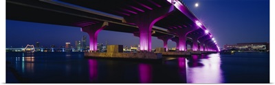 Bridge lit up across a bay, Macarthur Causeway, Biscayne Bay, Miami, Florida