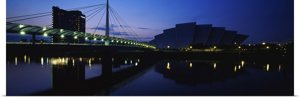 Bridge lit up at dusk, Scottish Exhibition & Conference Center, Glasgow, Scotland