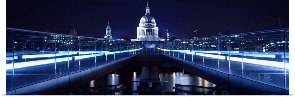 Bridge lit up at night, Millennium Bridge, Thames River, St Paul's Cathedral, London, England