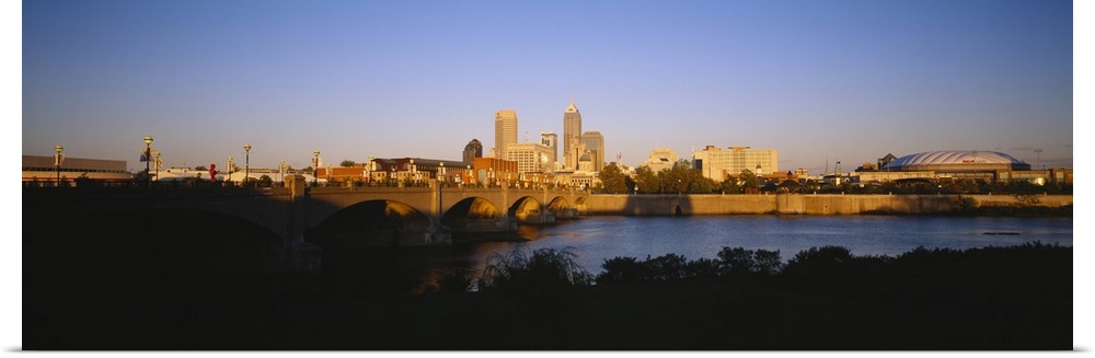 Bridge over a river with skyscrapers in the background, White River, Indianapolis, Indiana