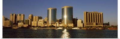 Buildings at the waterfront, National Bank of Dubai, Deira Twin Towers, Deira, Dubai Creek, Dubai, United Arab Emirates