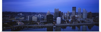 Buildings in a city at dusk, Monongahela River, Pittsburgh, Pennsylvania