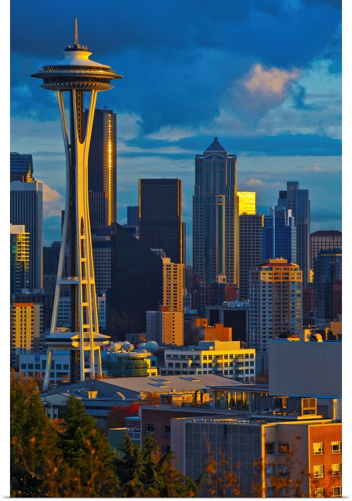 Buildings in a city at sunset, Space Needle, Seattle, King County, Washington State