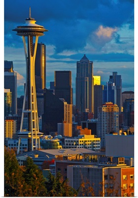 Buildings in a city at sunset, Space Needle, Seattle, King County, Washington State