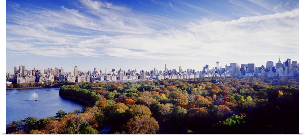 NYC skyline as seen with Central Park in the foreground during the fall.