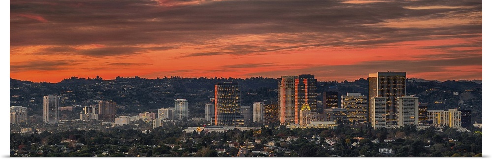 Elevated view of buildings in a city, Century City, Hollywood Hills, Los Angeles, California, USA.