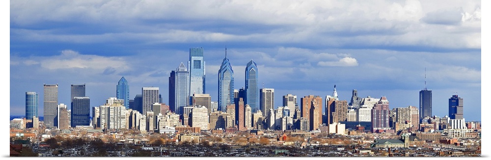 Large horizontal panoramic photograph of the Philadelphia, Pennsylvania (PA) skyline and surrounding areas.