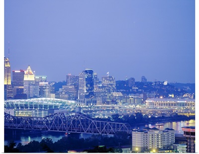Buildings in a city lit up at dusk, Cincinnati, Hamilton, Ohio