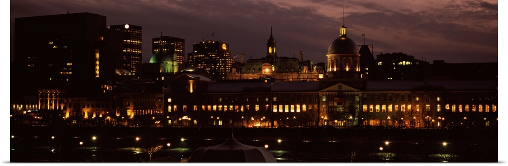 Buildings in a city lit up at night, Bonsecours Market, City Hall, Montreal, Quebec, Canada