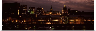 Buildings in a city lit up at night, Bonsecours Market, City Hall, Montreal, Quebec, Canada