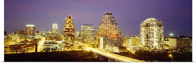 Buildings lit up at dusk, Austin, Texas